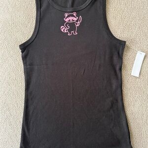 Black Tank Top with Pink Raccoon Graphic